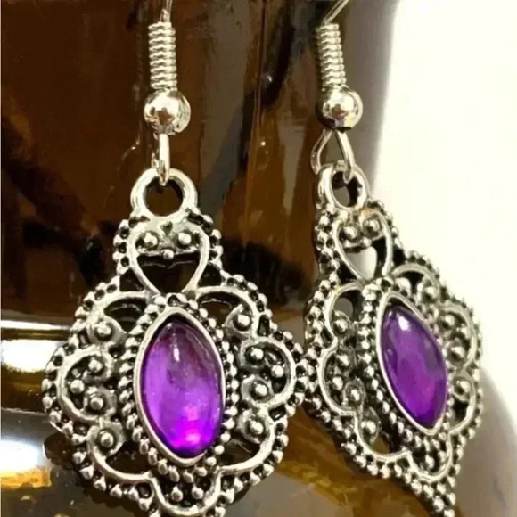 Jewelry - Purple Crystal Carved Dangle Earrings NIP